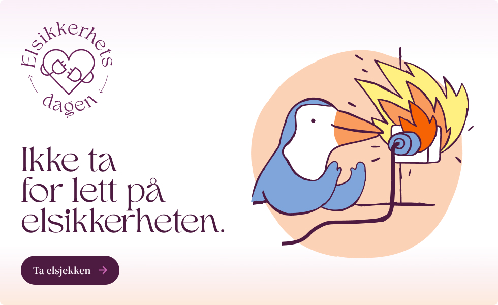 Elsikkerhetsdagen: Ikke ta for lett på elsikkerheten. Illustrasjon av en fugl som blåser på en brennende stikkontakt.